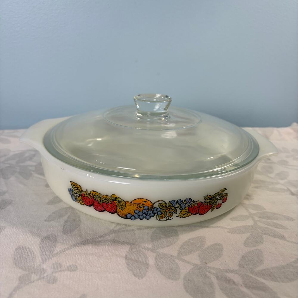 Vintage Fire King Ovenware 1.5 Qt covered casserole Nature's Bounty 70s